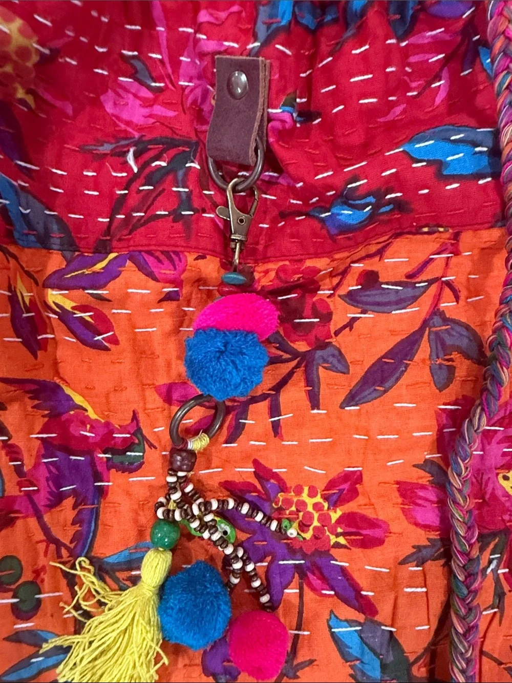 Handmade Kantha Style Cotton Drawstring Backpack Made India Boho Floral NWOT